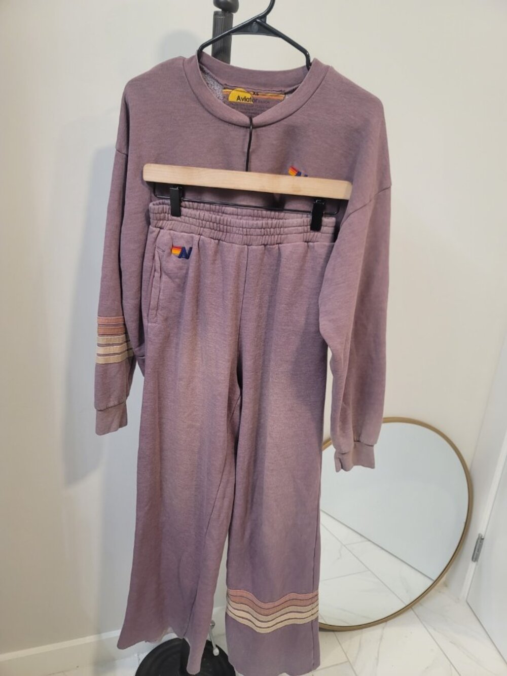 Aviator Nation Paris Pink Rugby Stripe Set Crew Sweatshirt And Jogger Pants S